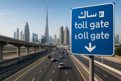 Dubai toll road system with modern highway and city skyline