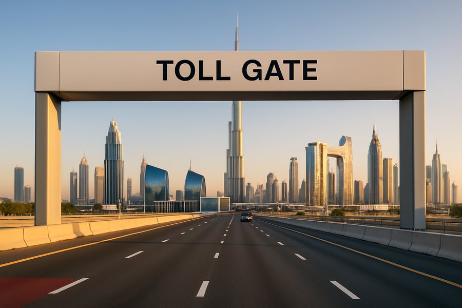 Dubai toll road with city skyline